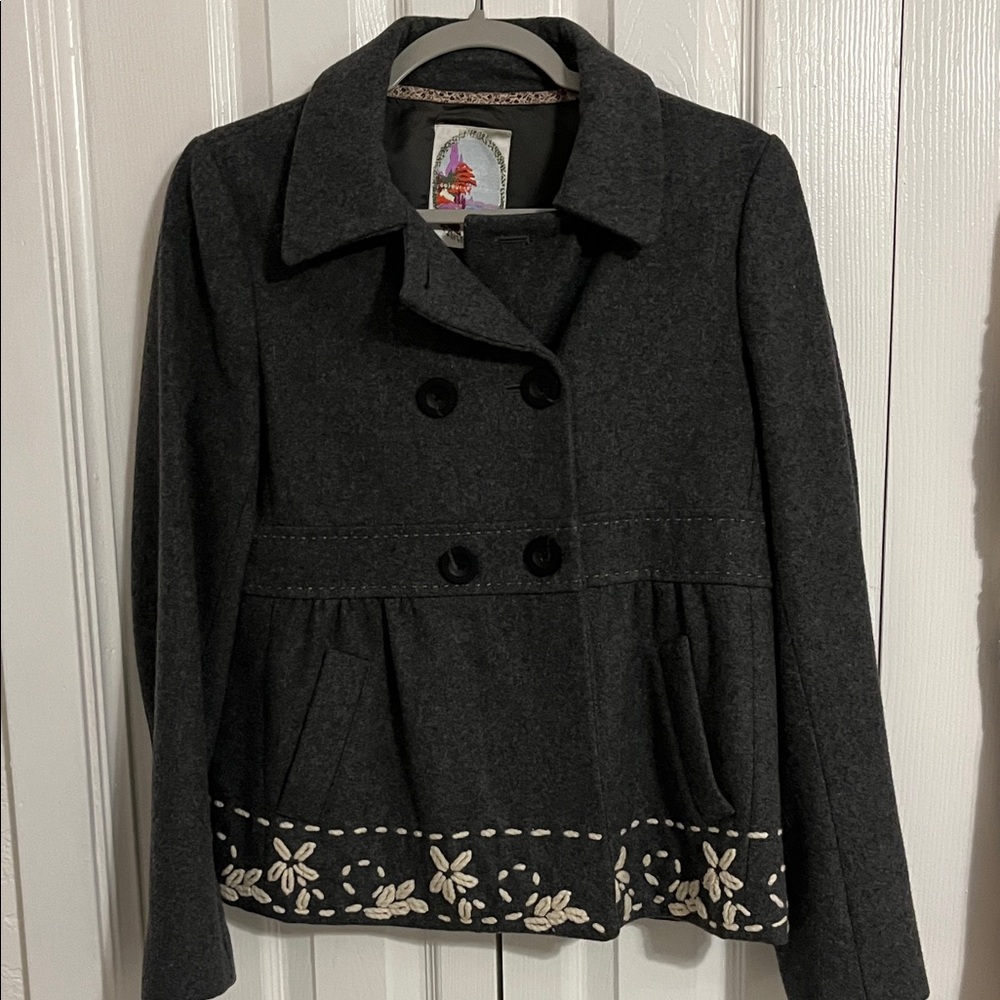 Chic Black Embroidered Pea Coat